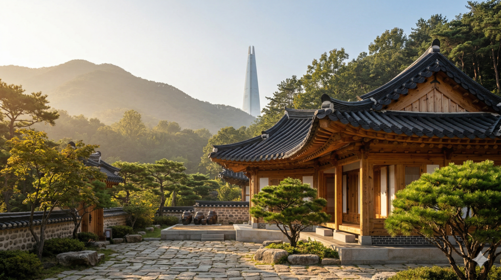 Traditional Korean hanok architecture beside modern Seoul skyline representing Confucian cultural influence on South Korea liability laws