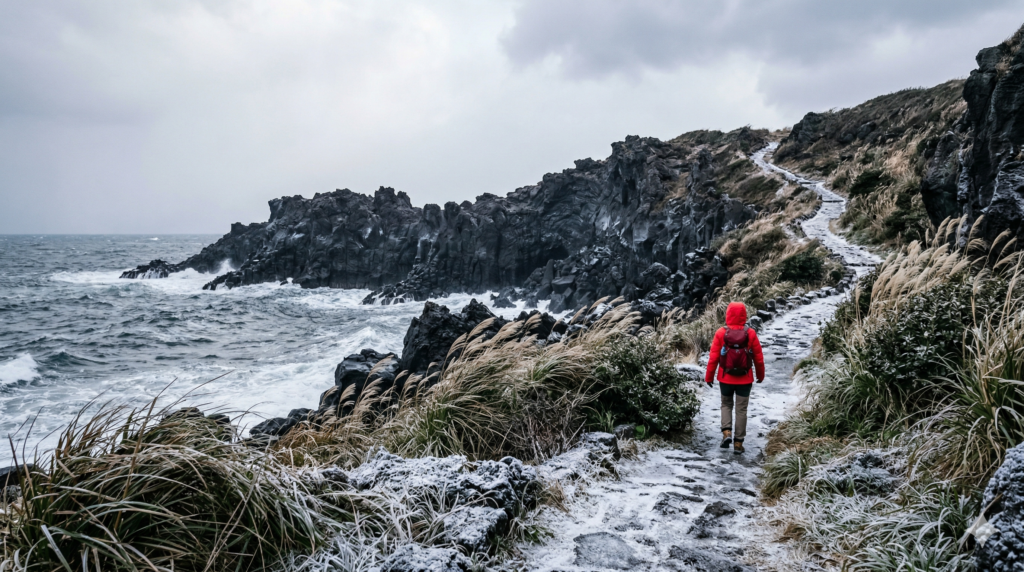 Traveler walking along a frost-covered coastal path in Jeju Island in winter