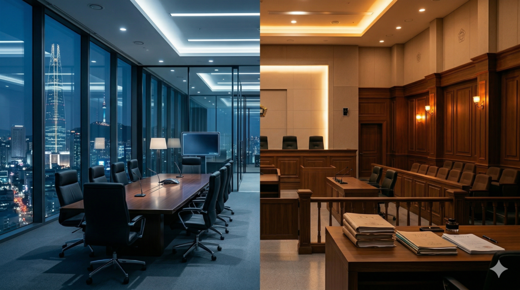 Corporate boardroom and Korean courtroom side by side illustrating types of liability cases in South Korea