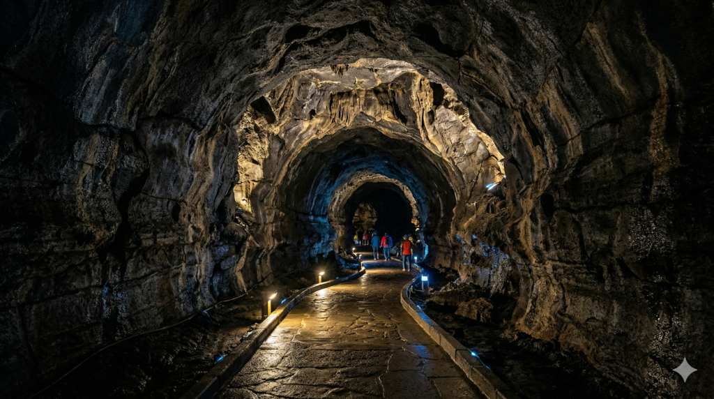  Illuminated interior of Manjang Cave lava tube in Jeju Island showing ancient volcanic rock formations 