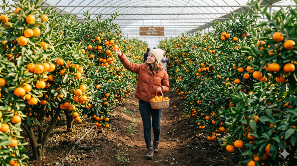 Visitor picking ripe tangerines from orange-laden trees inside a Jeju Island farm in winter harvest season
