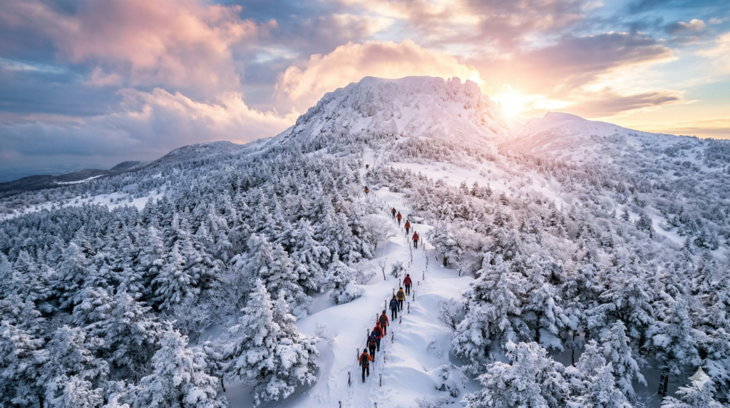 Snow-covered Hallasan Mountain trail in Jeju Island during winter sunrise