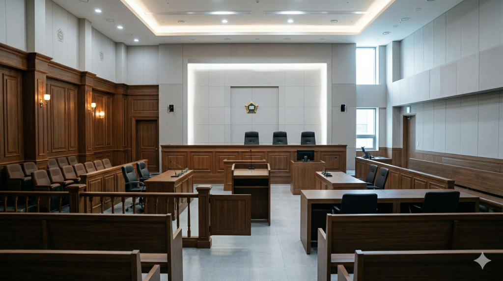 Modern South Korean courtroom interior representing the foundation of South Korea liability laws