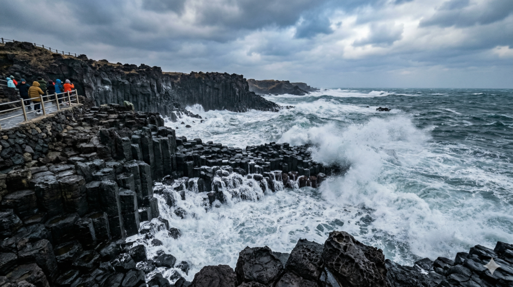  Dramatic hexagonal basalt columns of Jusangjeolli Cliffs with crashing winter waves in Jeju Island