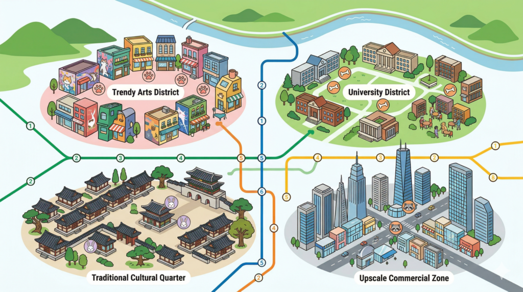 Illustrated map of Seoul neighborhoods showing animal cafe cluster locations across Hongdae Insadong Sinchon and Gangnam