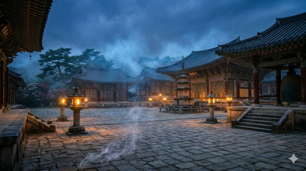 Cinematic misty Korean temple courtyard at dusk with glowing stone lanterns evoking K-drama atmosphere