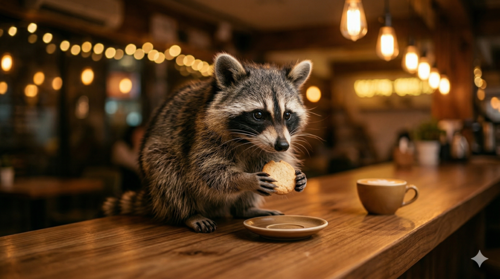 A curious raccoon holding a cookie on a cafe counter at a unique animal cafe in Seoul Korea