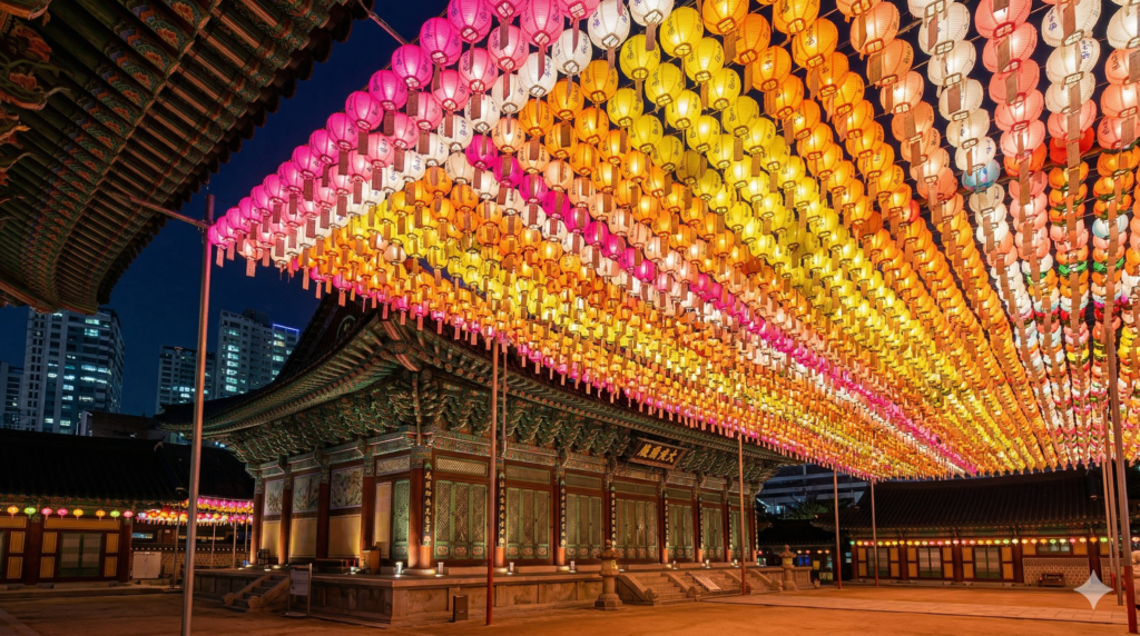 Jogyesa Temple in Seoul decorated with thousands of colorful lotus lanterns during Buddha's birthday festival