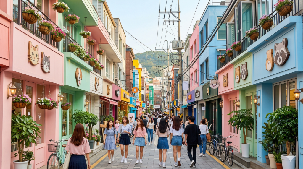 Colorful animal themed cafe storefronts lining a busy street in Hongdae Seoul Korea