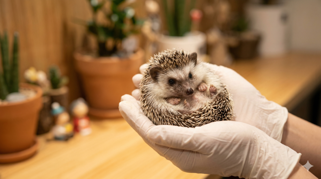 A tiny hedgehog resting in gloved hands at a hedgehog cafe in Seoul Korea