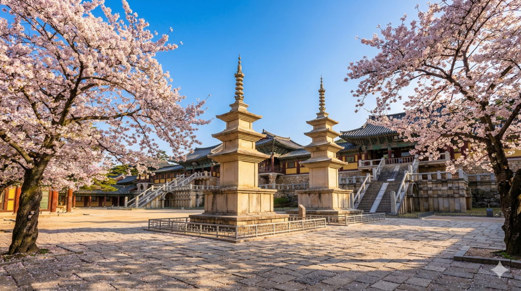 Bulguksa Temple courtyard in Gyeongju with Dabotap and Seokgatap pagodas surrounded by cherry blossoms