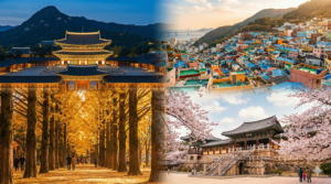 Best cities to visit in Korea featuring Seoul's Gyeongbokgung Palace, Busan's Gamcheon Village, Nami Island's tree avenue, and Gyeongju's Bulguksa Temple.