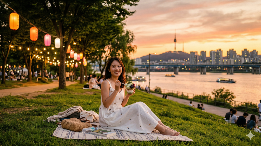 A young woman enjoying bingsu by the Han River in Seoul during summer in Korea, with the city skyline glowing at golden hour