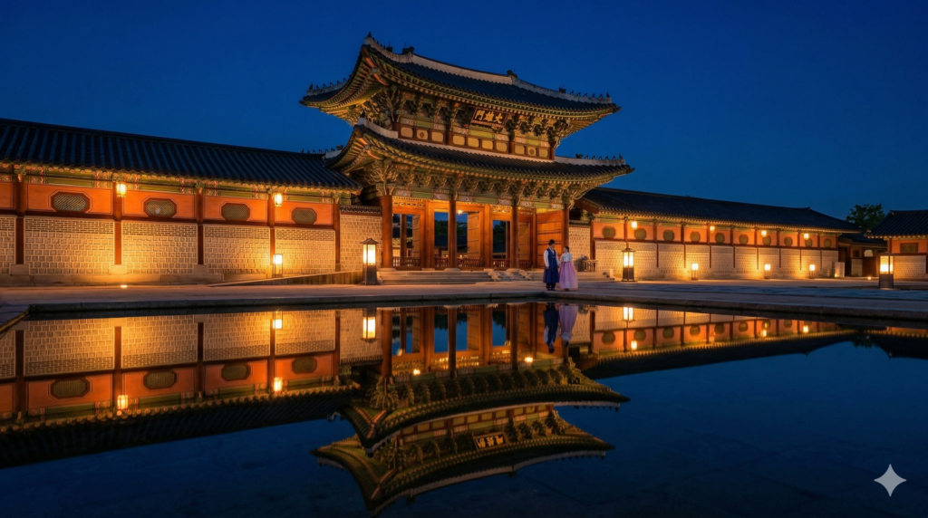 Gyeongbokgung Palace illuminated at night in Seoul with hanbok-wearing visitors reflected in the palace courtyard