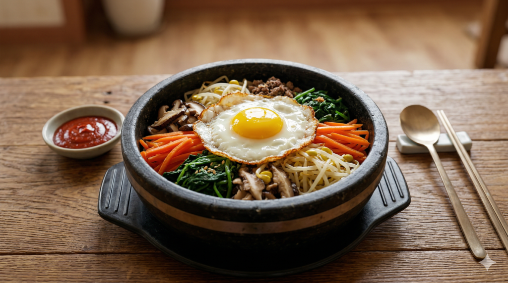Authentic Jeonju bibimbap served in a stone dolsot bowl with colorful vegetables and gochujang sauce