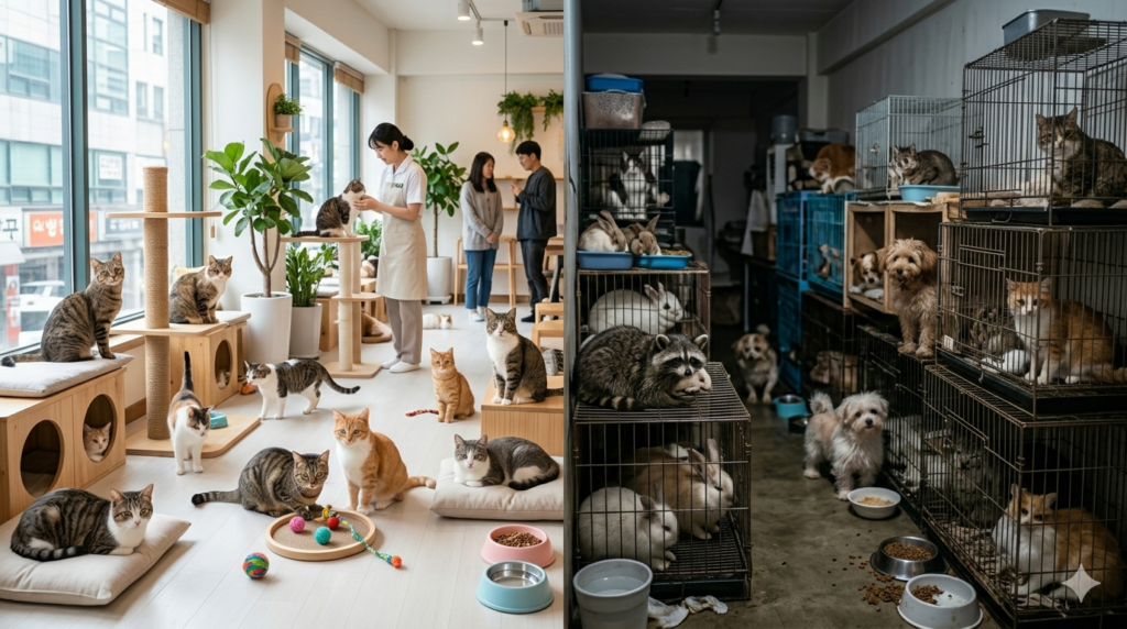 Side by side comparison of an ethical well maintained animal cafe versus a poorly managed animal cafe in Seoul Korea