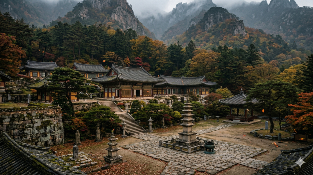 Ancient Korean temple complex with stone pagodas and autumn foliage evoking centuries of Buddhist history
