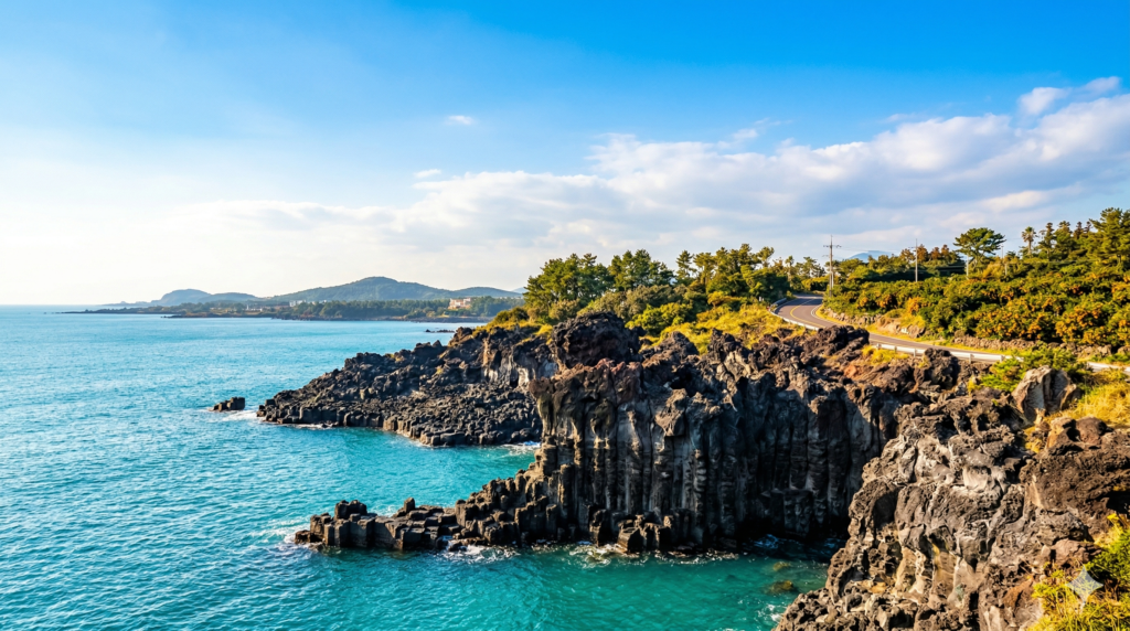 Breathtaking Jeju Island coastline in summer with black volcanic rocks turquoise ocean lush green hills and bright blue sky South Korea
