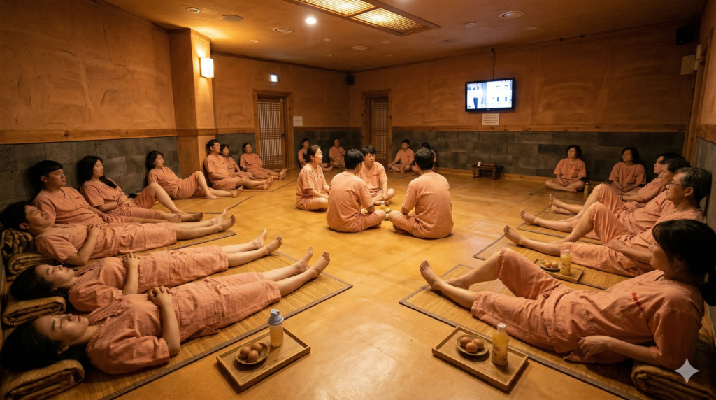 Korean jimjilbang communal relaxation room with people in matching uniforms resting on heated floors in warm amber light during summer