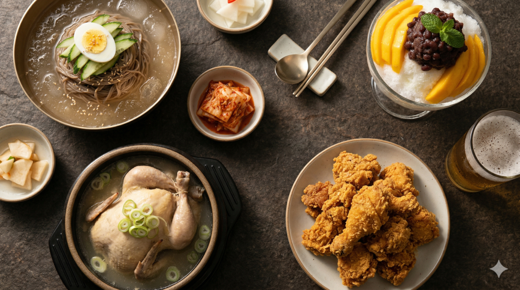 
Korean summer foods including naengmyeon cold noodles bingsu shaved ice samgyetang ginseng soup and Korean fried chicken arranged on dark surface