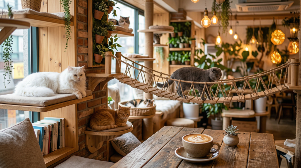 Fluffy cats lounging inside a cozy warmly lit cat cafe in Seoul Korea
