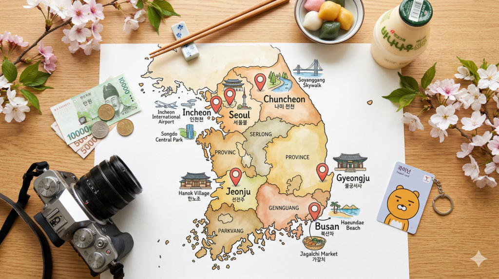South Korea travel planning flat lay with map showing Seoul Busan Gyeongju and Jeonju with travel essentials