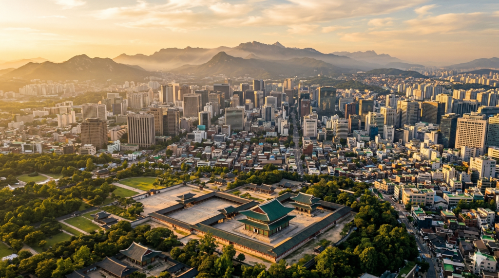 Aerial view of Seoul South Korea showing Gyeongbokgung Palace surrounded by modern skyscrapers at golden hour
