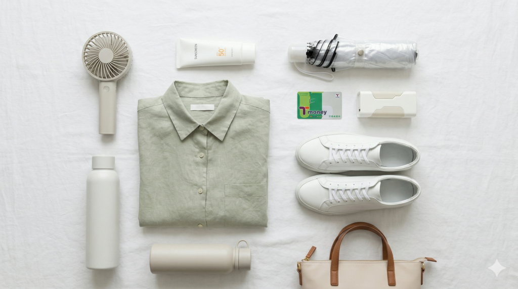 Essential summer packing items for a Korea trip including portable fan Korean sunscreen linen shirt rain umbrella T-money card and power bank