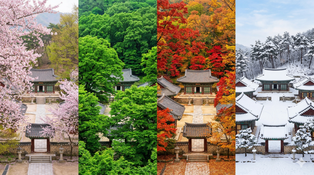 Korean Buddhist temple across four seasons showing spring blossoms summer green autumn foliage and winter snow