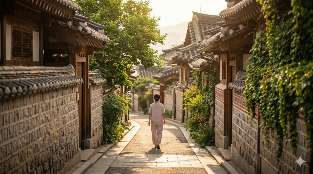 Bukchon Hanok Village narrow alley on a summer morning in Seoul South Korea with traditional hanok rooftops and golden sunlight