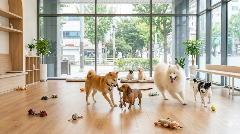 Happy dogs of different breeds playing inside a modern dog cafe in Seoul Korea