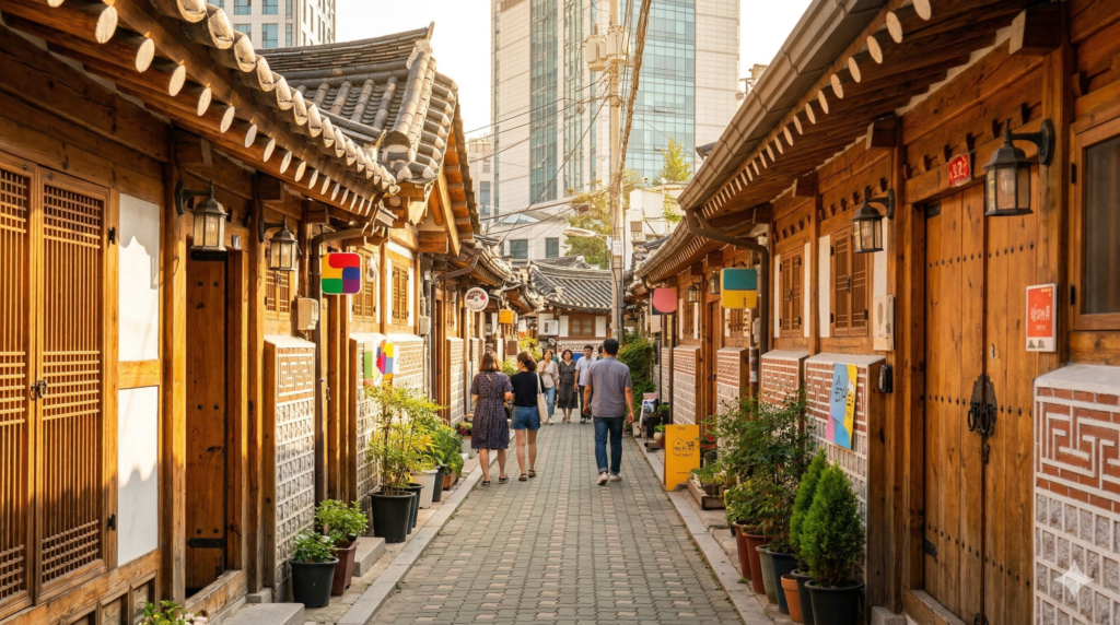 Narrow traditional hanok alley in Ikseon-dong Seoul with clay-tiled rooftops and warm afternoon sunlight