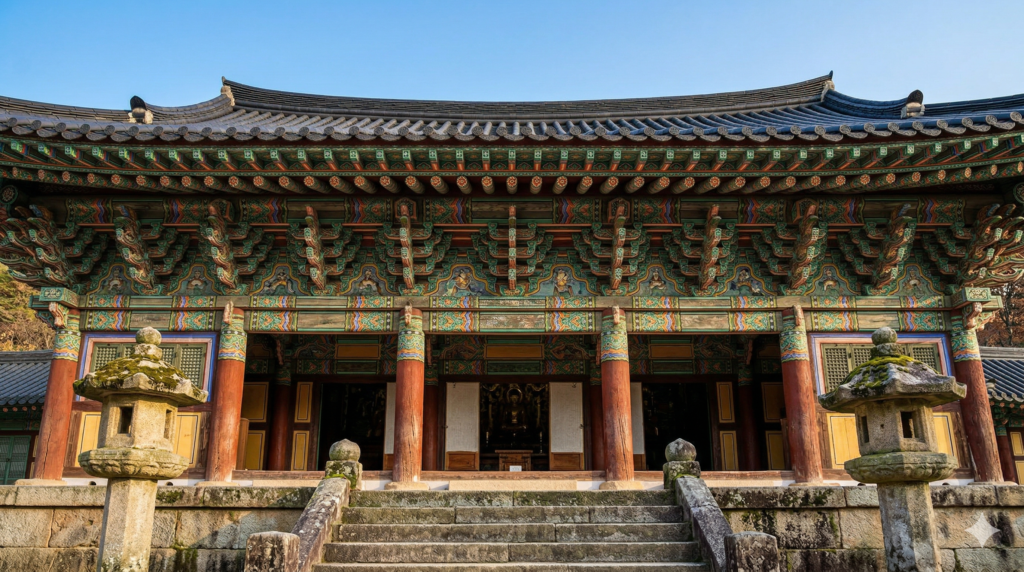 Intricate dancheong painted wooden beams and curved rooftop of a traditional Korean Buddhist temple