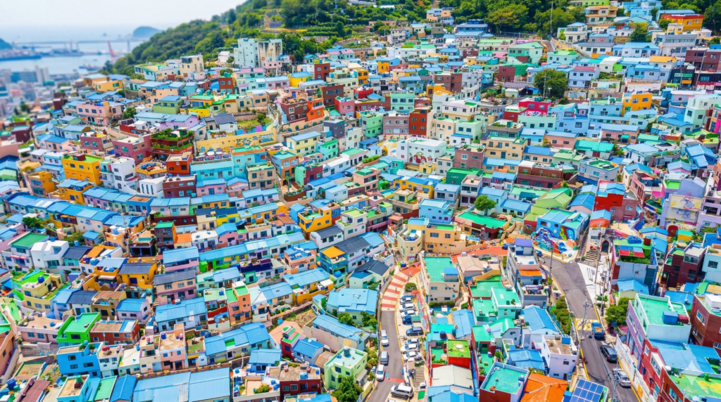 Colorful pastel houses of Gamcheon Culture Village cascading down a hillside in Busan South Korea