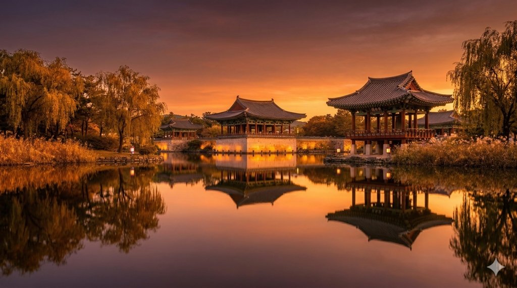 Anapji Pond in Gyeongju South Korea reflecting traditional Silla pavilions at golden hour sunset