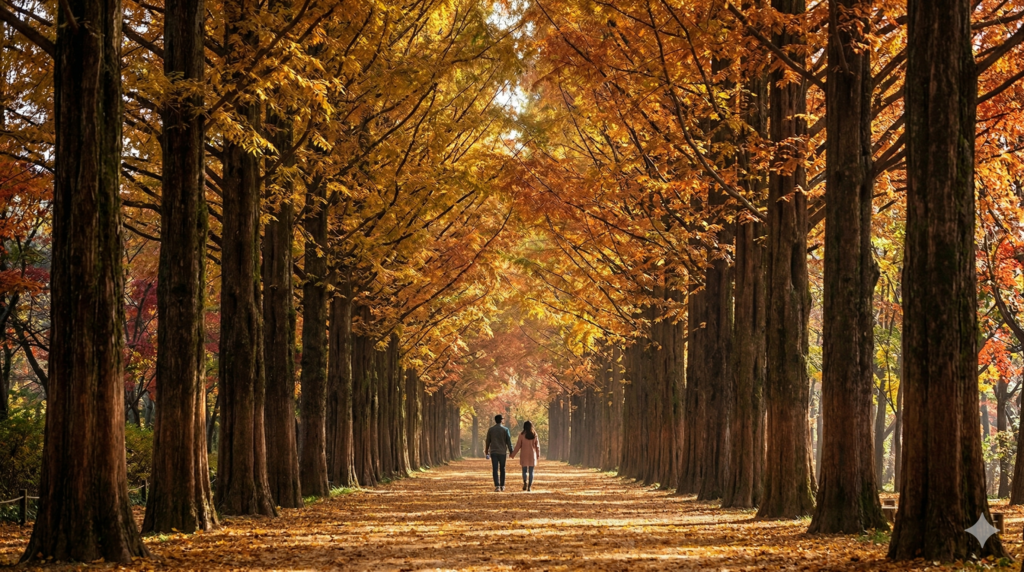 Autumn metasequoia tree avenue on Nami Island in Chuncheon South Korea with golden leaves and a couple walking