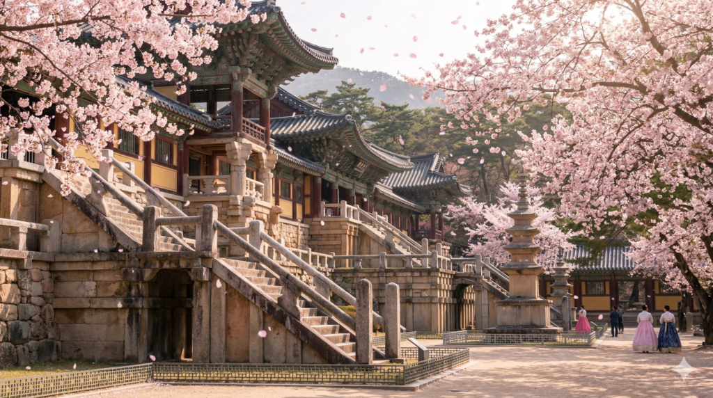 Bulguksa Temple in Gyeongju South Korea surrounded by cherry blossoms in full bloom during spring