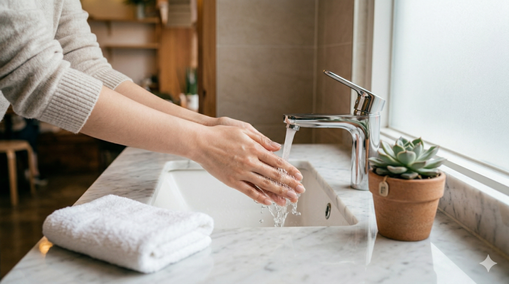 Person washing hands at a clean modern sink inside a Seoul animal cafe following hygiene etiquette