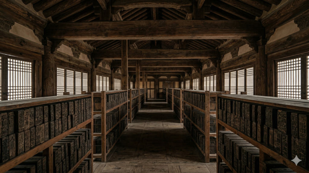 Ancient Tripitaka Koreana wooden printing blocks stored inside the Janggyeong Panjeon halls at Haeinsa Temple Korea