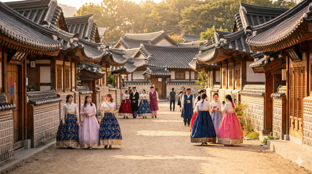 Visitors in colorful hanbok walking through the traditional lane of Jeonju Hanok Village South Korea
