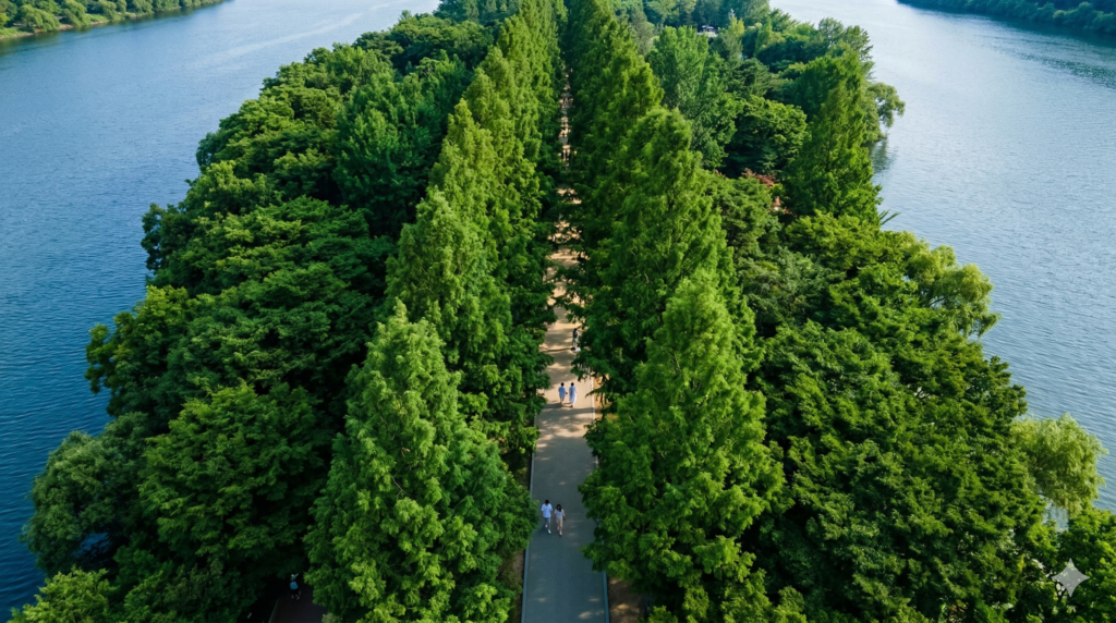 Aerial view of Nami Island South Korea in summer with lush green tree lined avenue and calm blue river surrounding the island