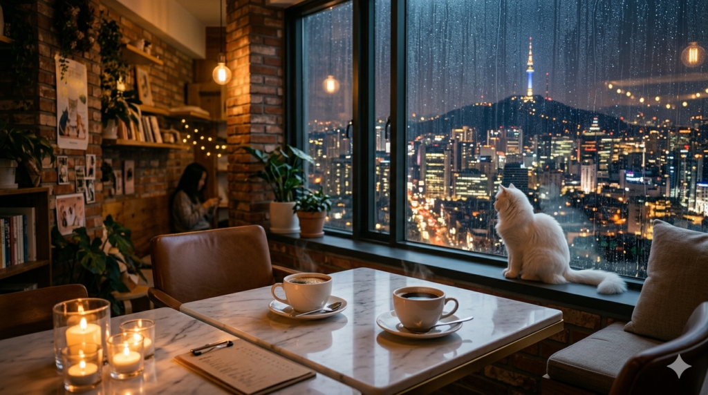 Cinematic Korean drama inspired cafe interior with a white cat sitting by a rainy window overlooking Seoul at night