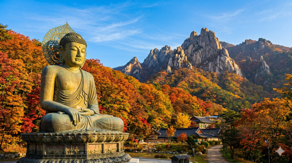 Giant bronze Buddha statue at Sinheungsa Temple Seoraksan with dramatic mountain peaks and autumn foliage