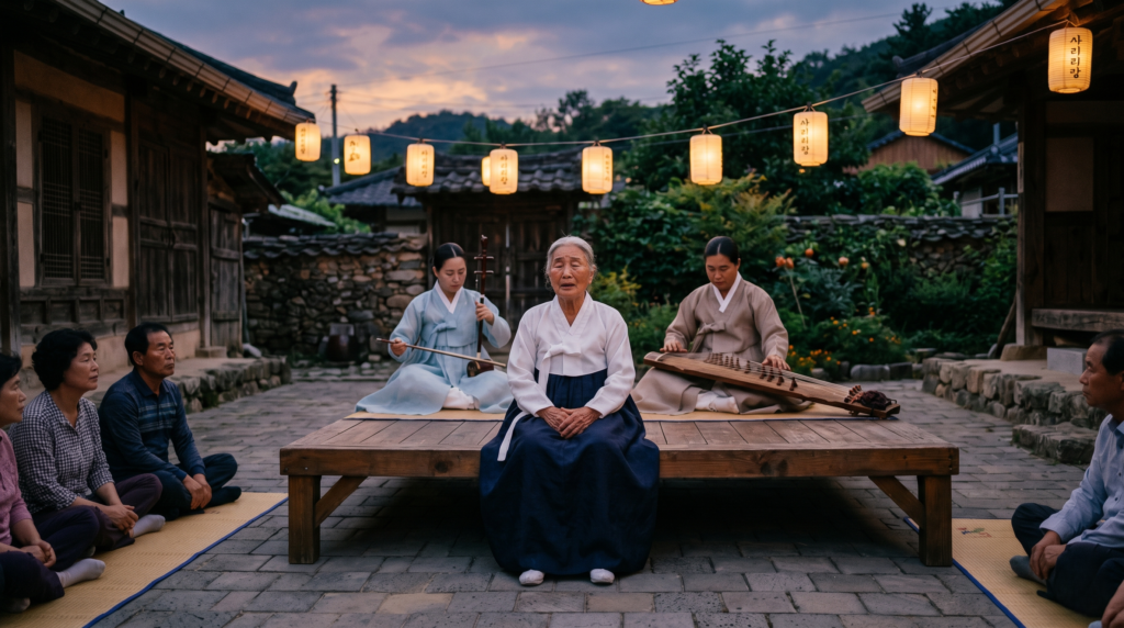 Elderly Korean woman performing traditional Jindo Arirang folk song on an outdoor village stage at dusk accompanied by haegeum and gayageum musicians