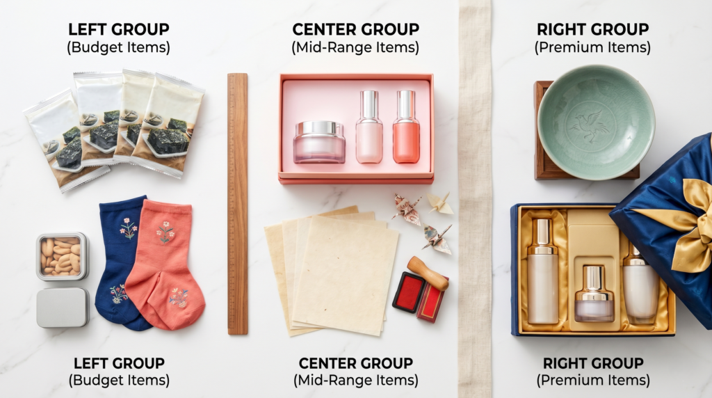 Korean souvenirs organized into three budget categories from affordable seaweed packs and socks to mid-range skincare sets and premium celadon ceramics on white surface

