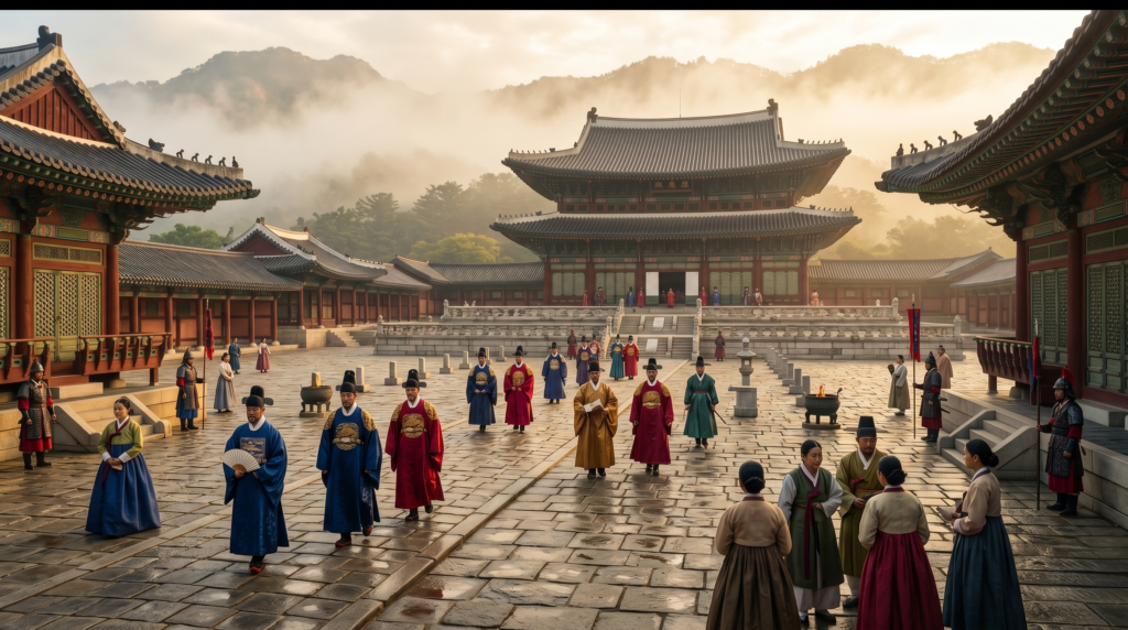 Joseon Dynasty royal palace courtyard with aristocrats in hanbok representing the origins of Korean surnames