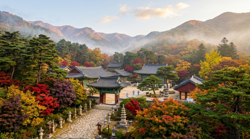 Traditional Korean Buddhist temple with curved tiled rooftops nestled in an autumn mountain forest with morning mist in South Korea