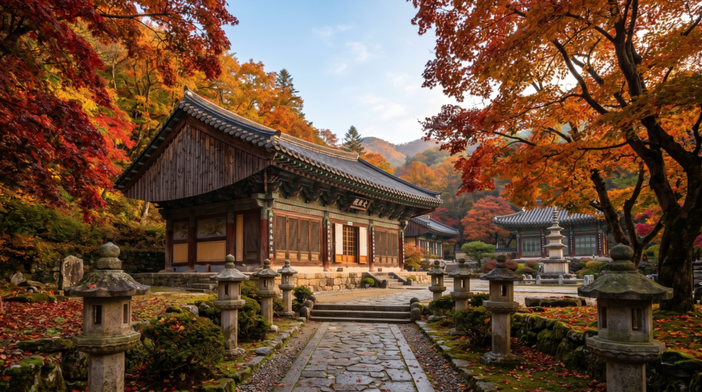 Traditional Korean Buddhist temple surrounded by vivid red autumn foliage at Naejangsan National Park