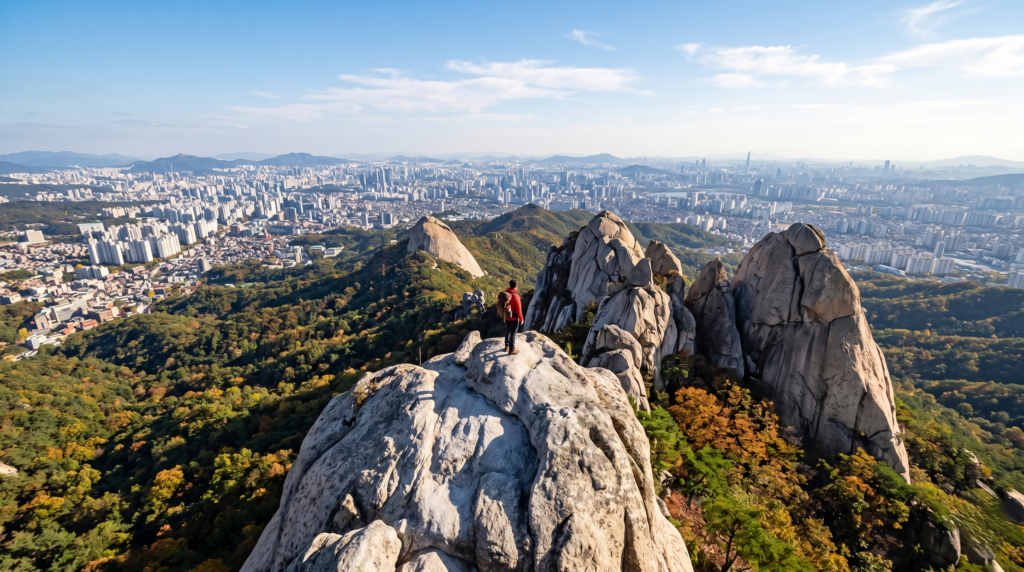 Panoramic view from Bukhansan National Park granite summit with Seoul skyline visible in the background