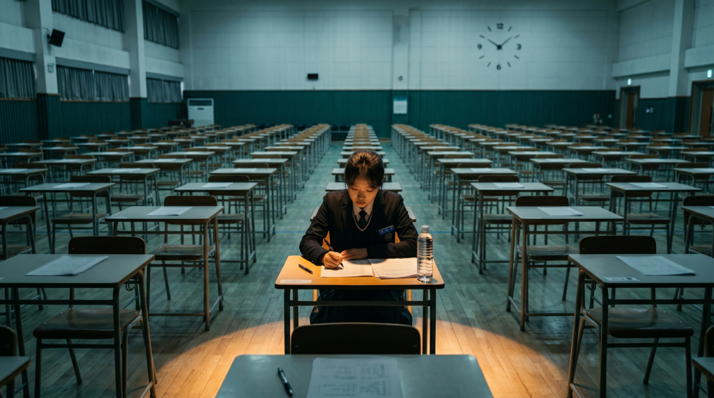 Korean high school student taking a major college entrance exam alone in a silent examination hall